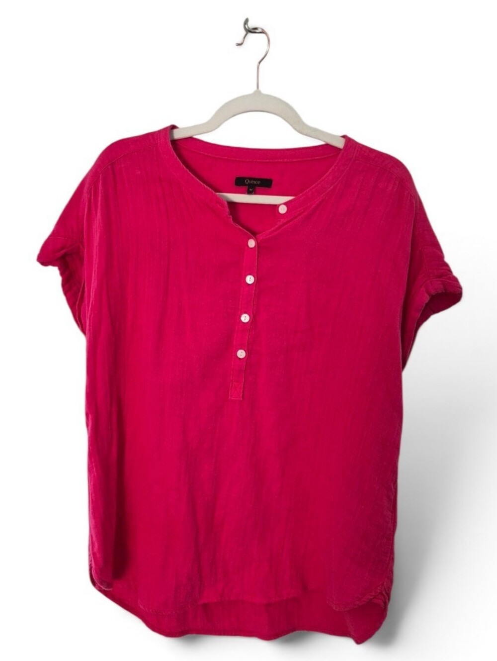 QUINCE Hot Pink Short Sleeve Button Henley Blouse Organic Cotton Gauze M